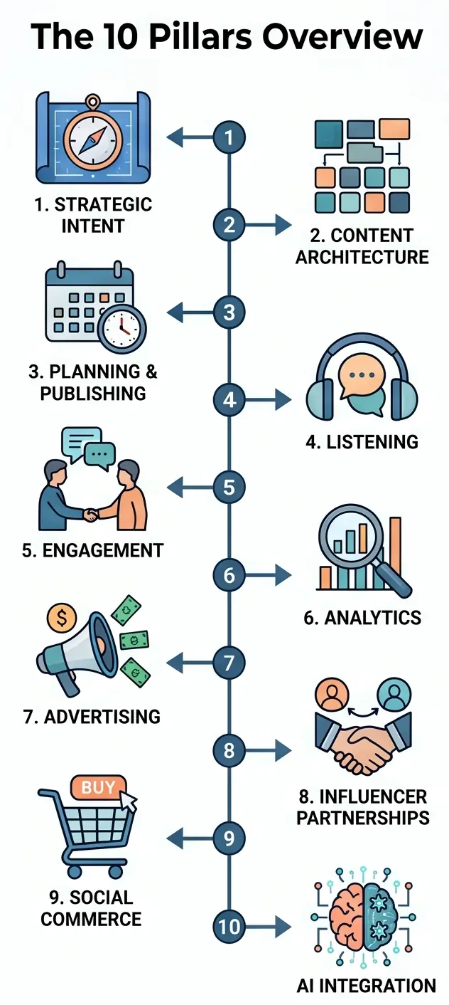 Infographic flowchart titled The 10 Pillars Overview, listing the sequence of a modern social media strategy from strategic intent and content architecture to social commerce and AI integration.