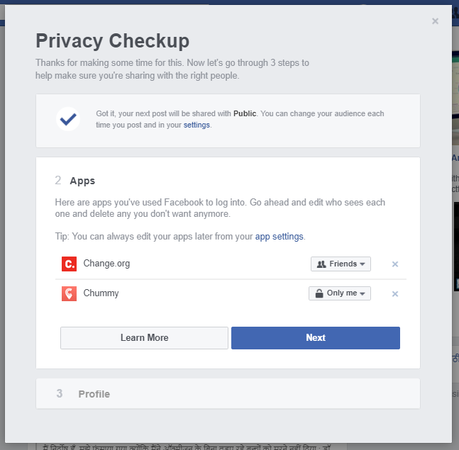 Facebook Privacy Checkup: Applications