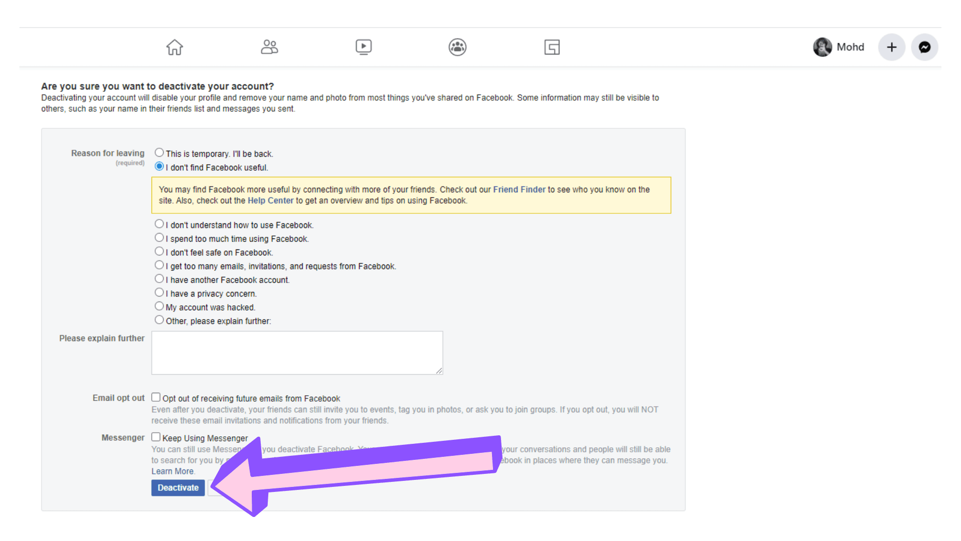 Facebook Account deactivation Step 5