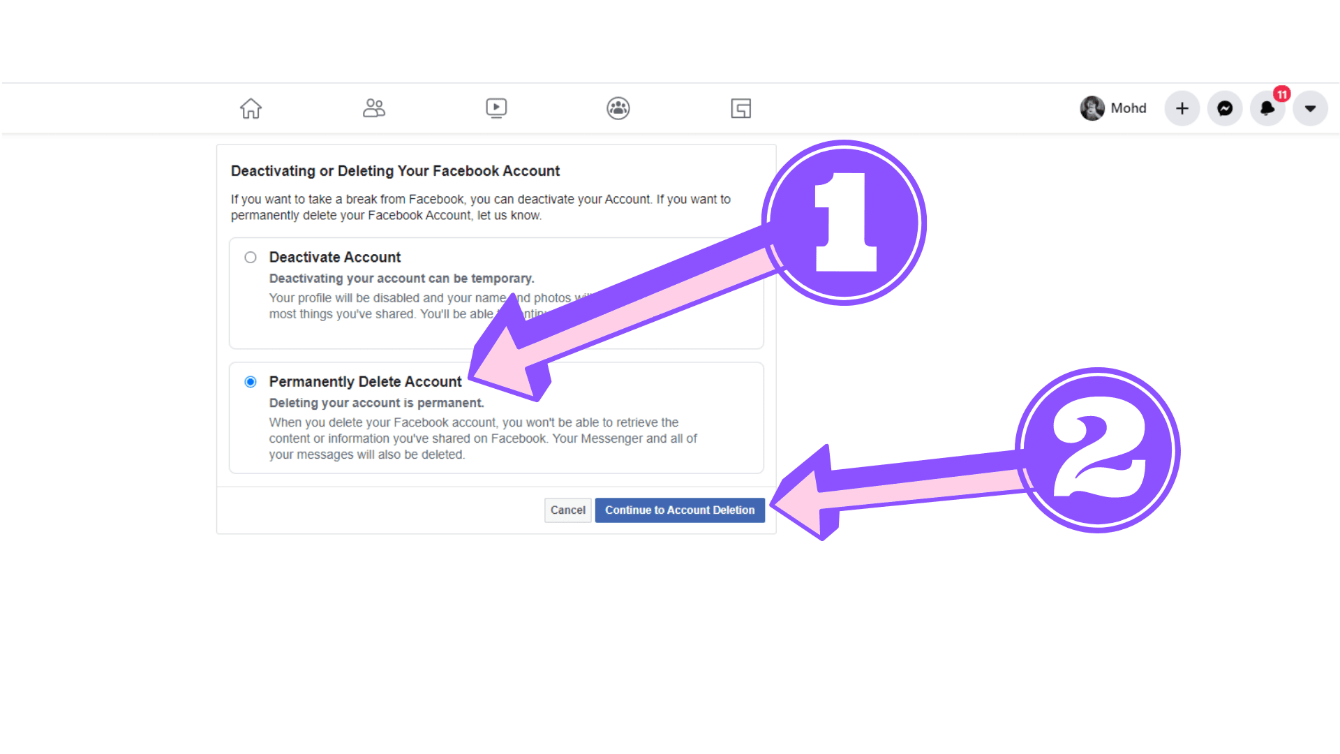 Facebook Account deletion Step 1