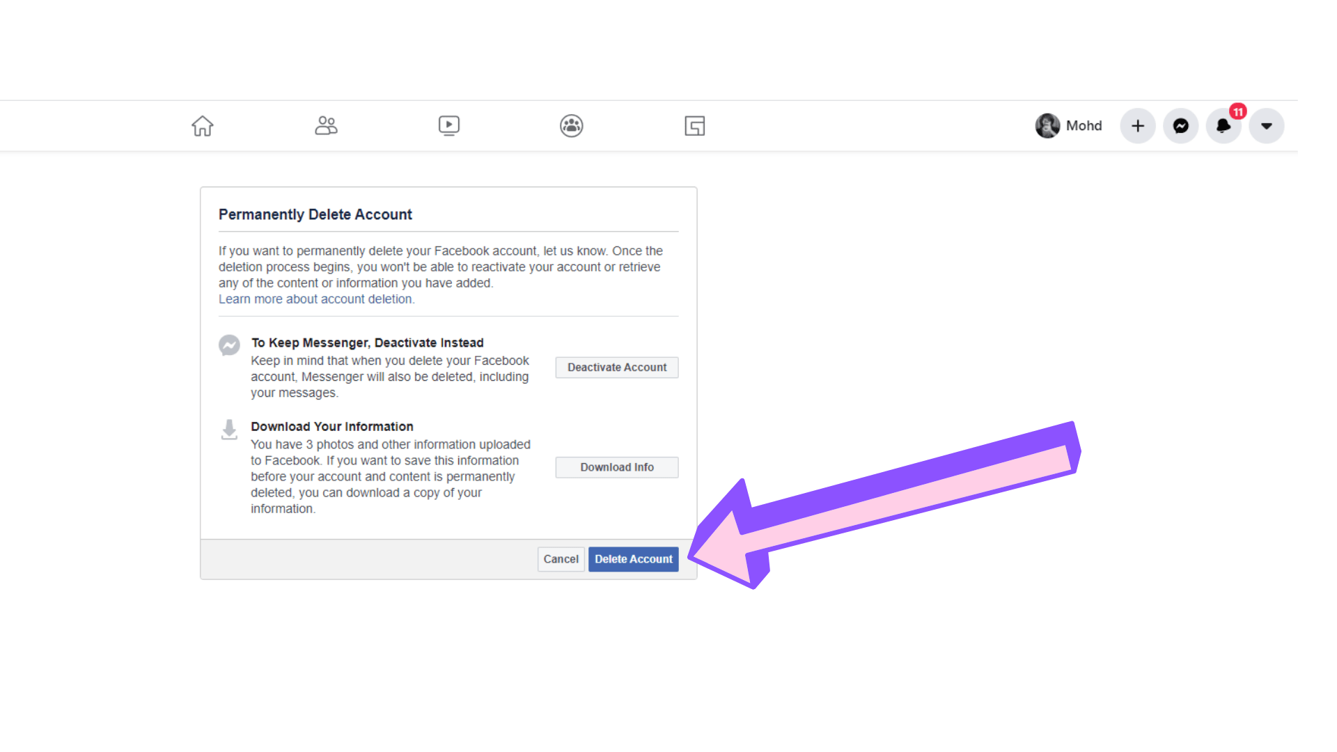 Facebook Account deletion Step 2