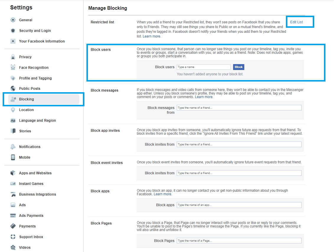 Facebook blocking settings