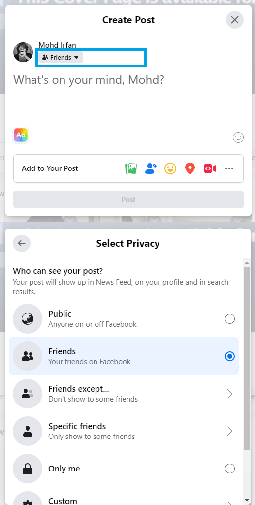 Settings for who can see your Facebook post and status message