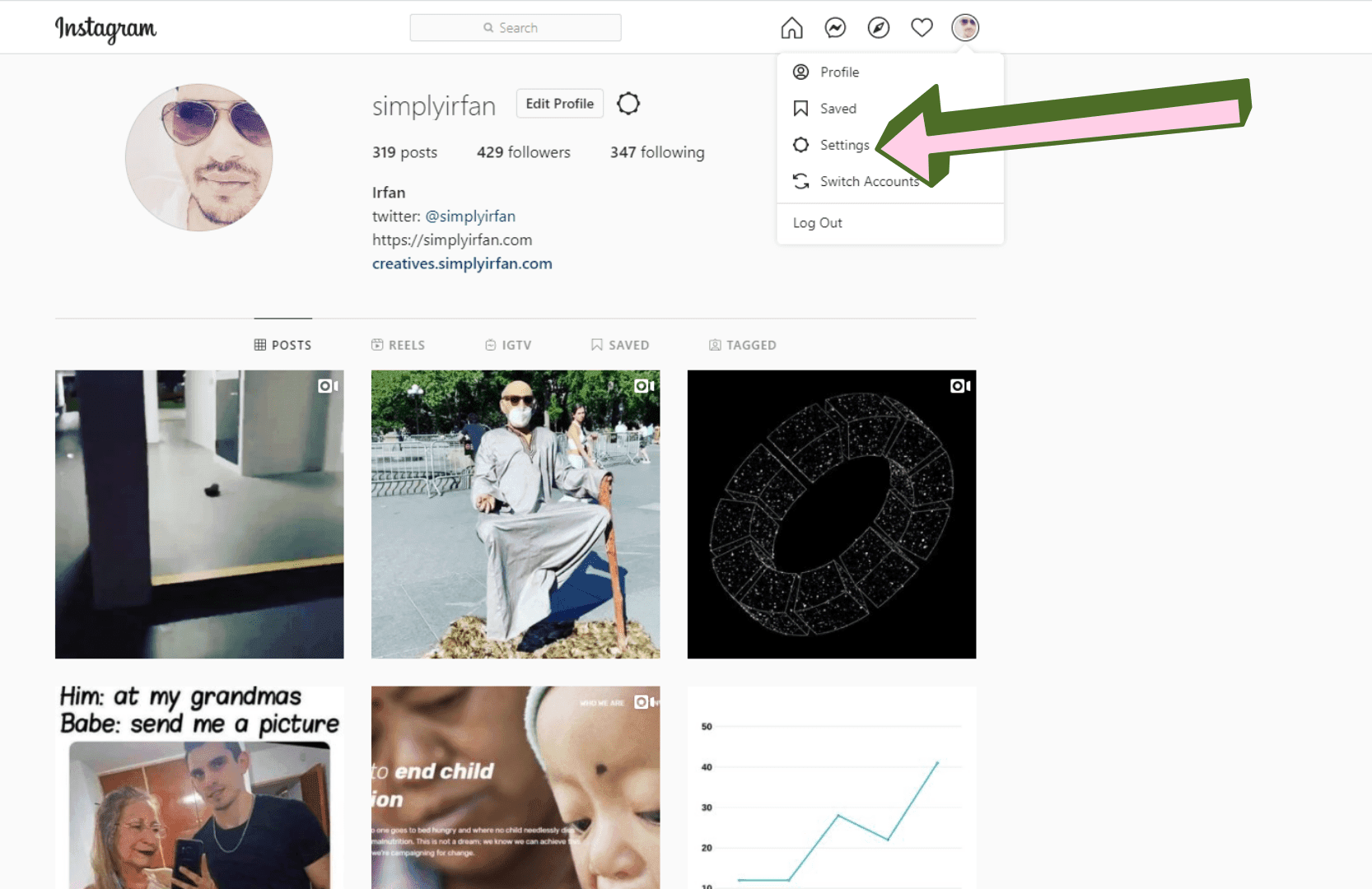 Instagram main page choose settings