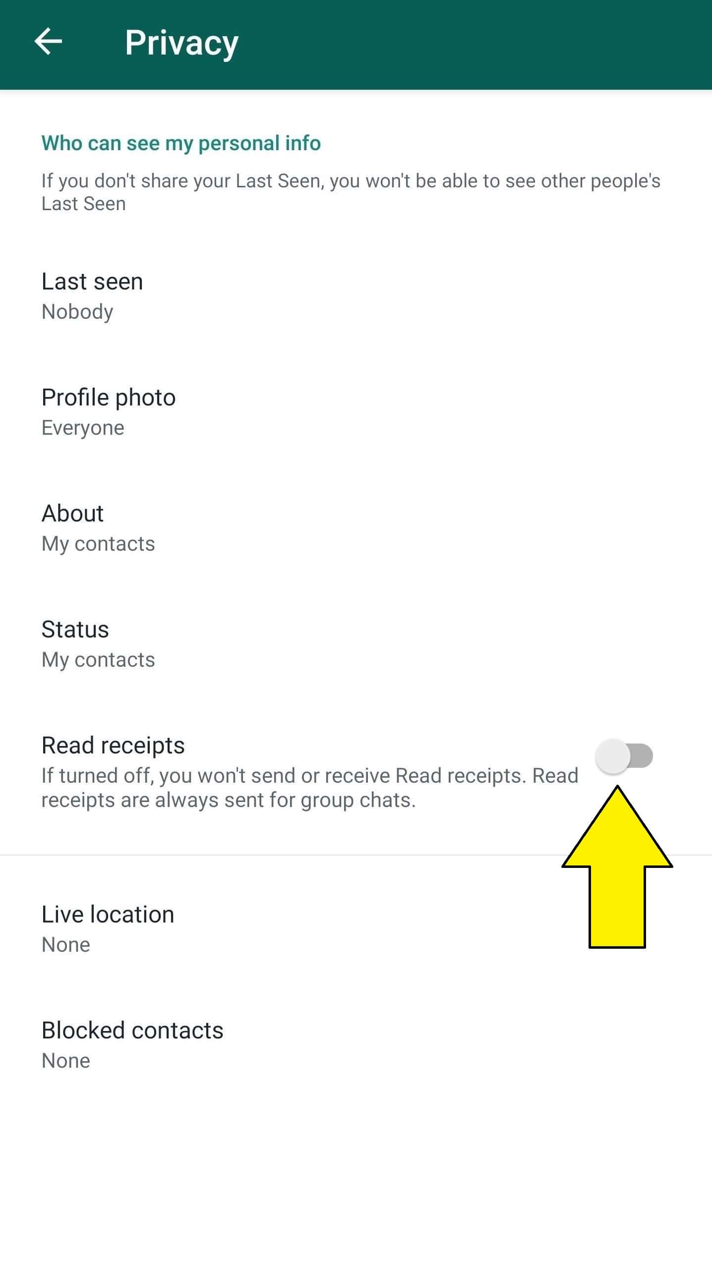 Step 2: Disable read receipts WhatsApp so nobody can see blue check marks chats on Android