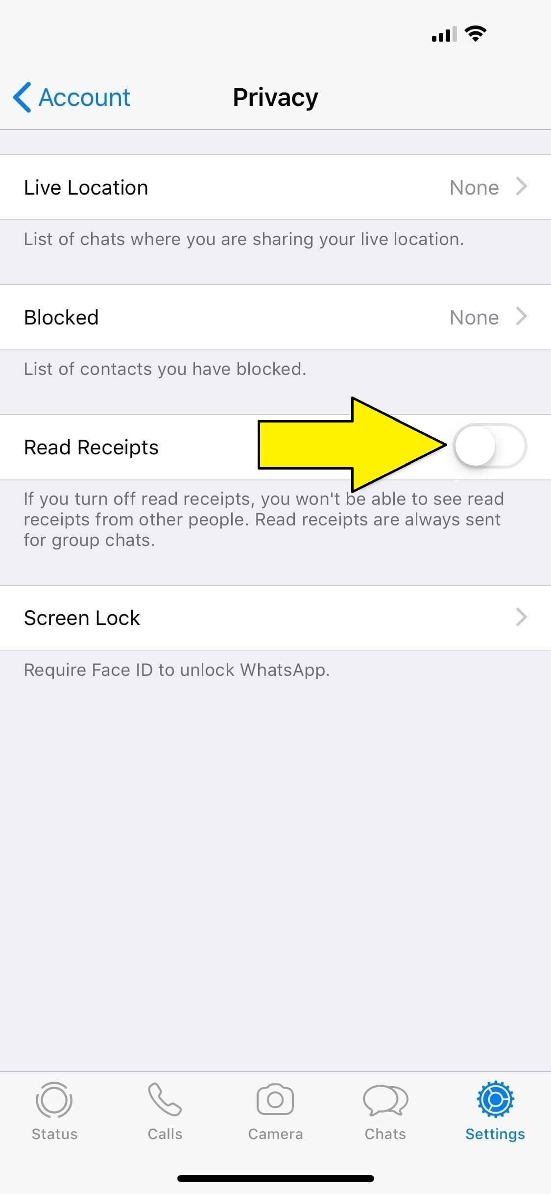 Step 3: Disable read receipts WhatsApp so nobody can see blue check marks chats on iPhone