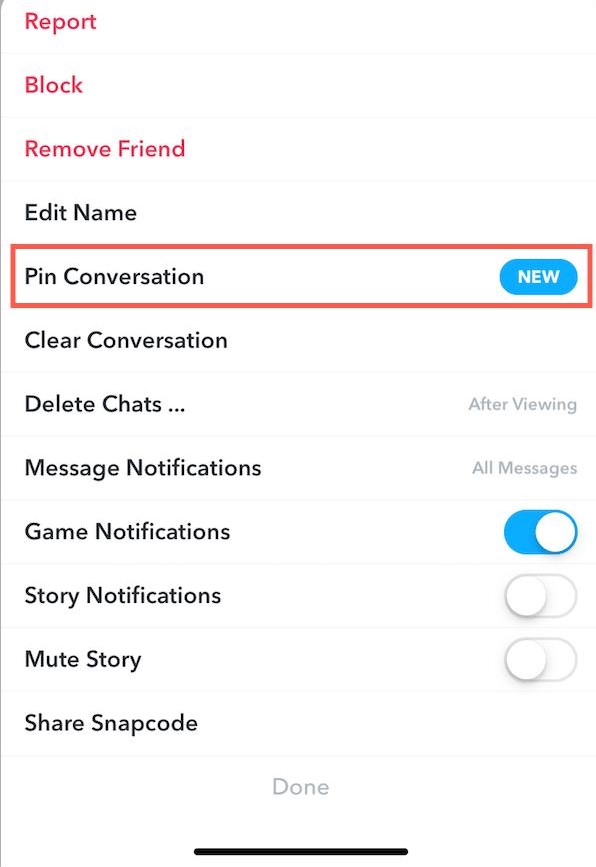 Press Pin Conversation on Snapchat