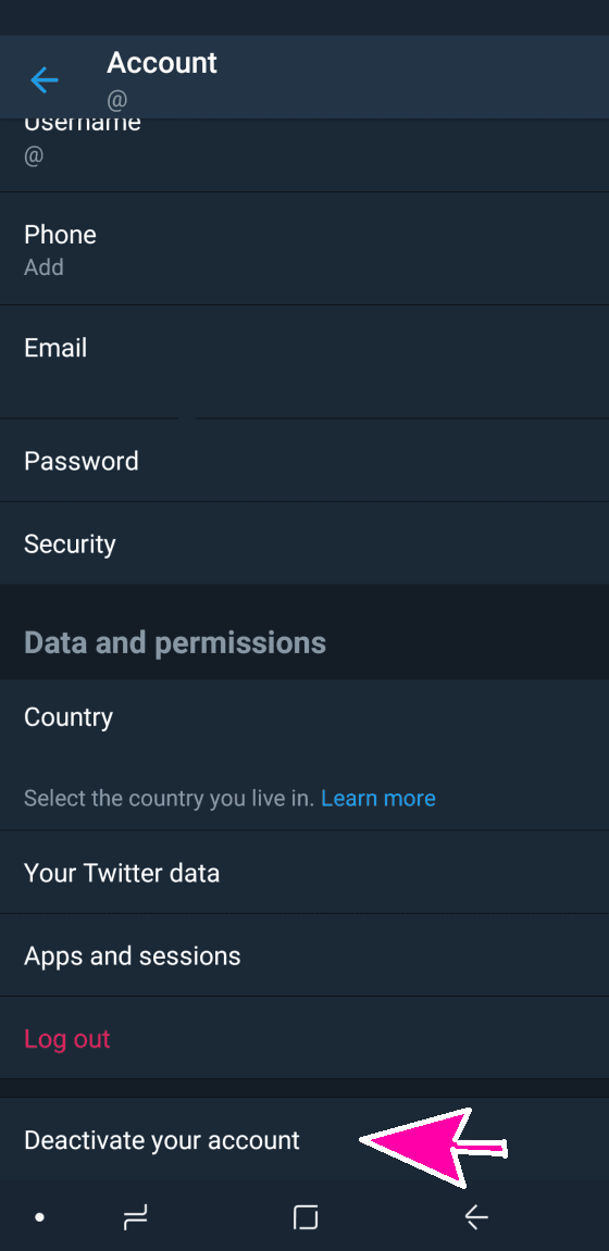 delete twitter account on android