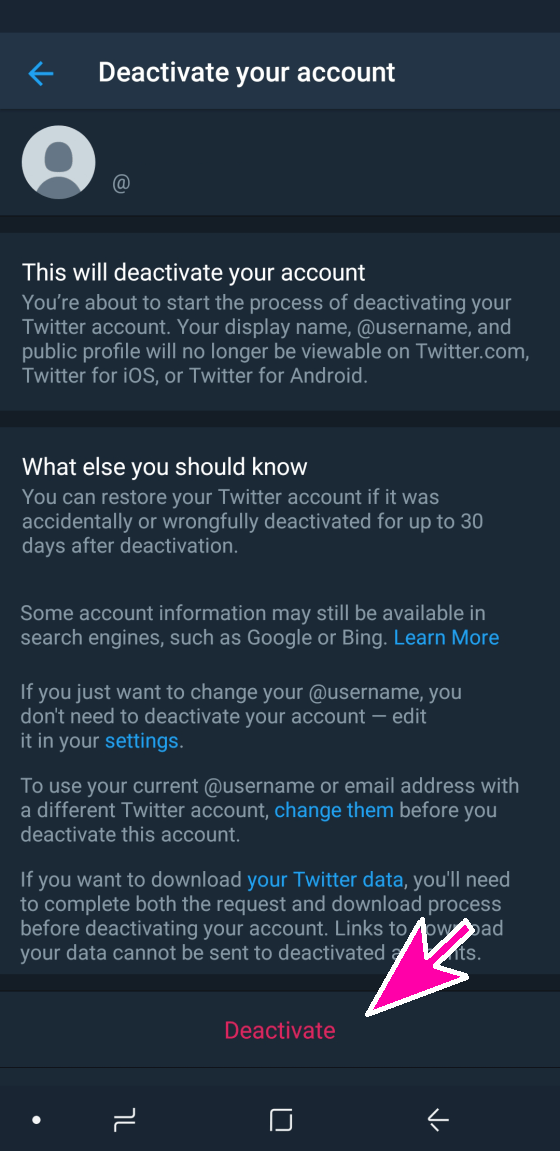 delete twitter account on android