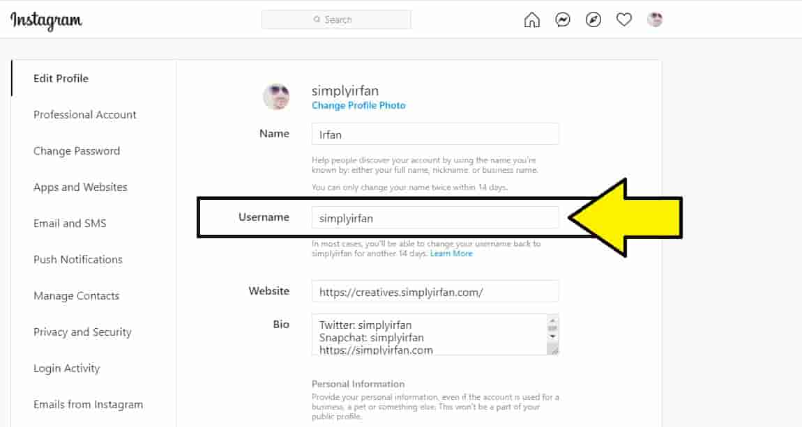 change Instagram username on desktop step 2