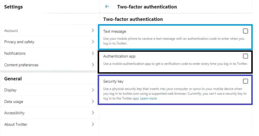 methods to enable two-factor authentication on twitter