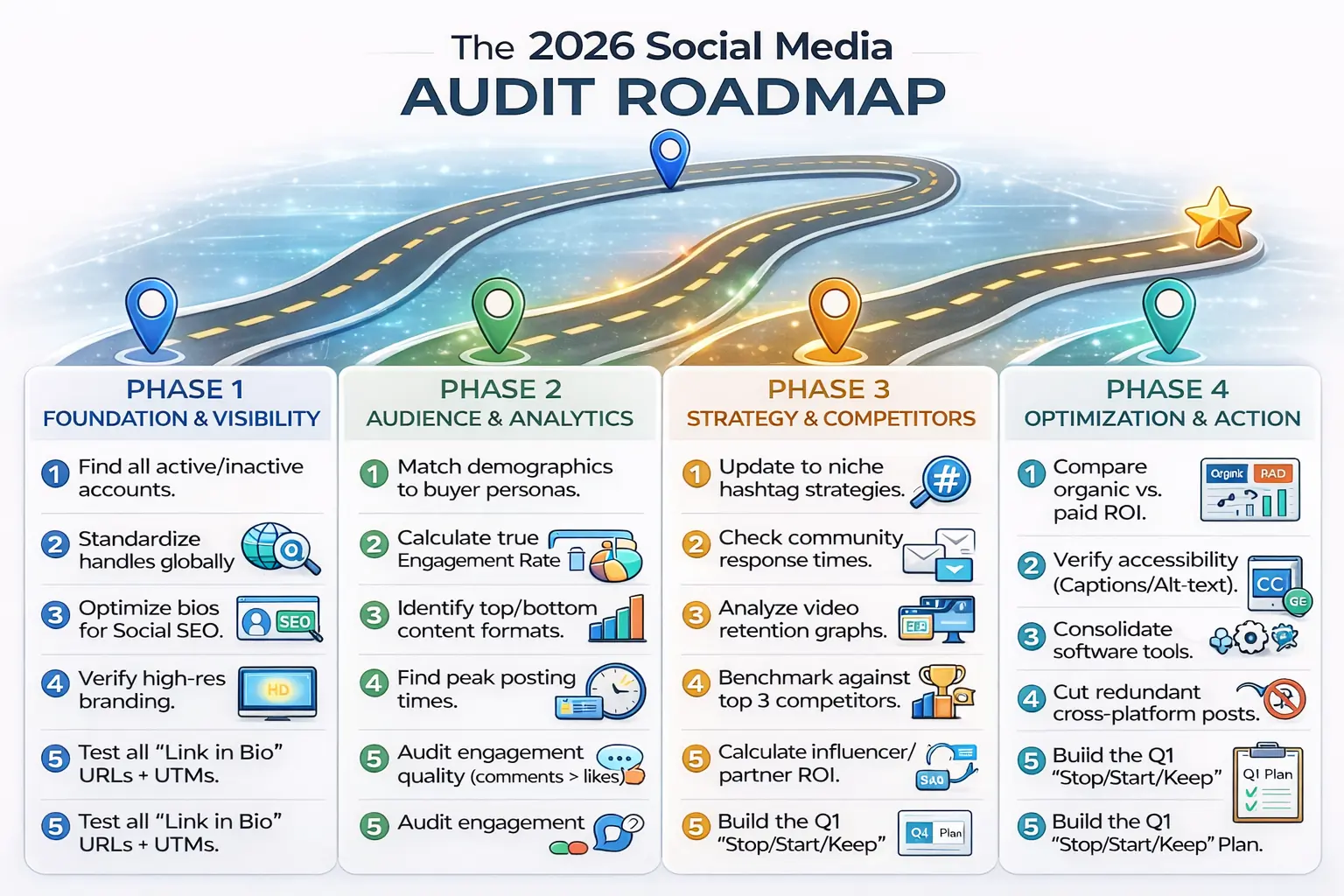 Comprehensive 20-point social media audit process checklist for 2026, divided into four phases: Foundation, Audience Analytics, Competitive Strategy, and Optimization Action Plan.