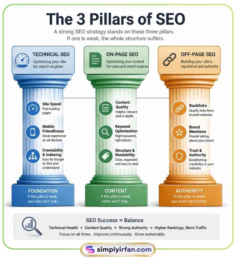 Infographic showing the 3 pillars of SEO strategy: Technical SEO, On-Page SEO, and Off-Page SEO.