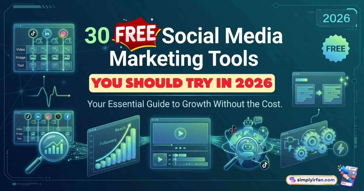 Professional cover image for the blog post titled 30 Free Social Media Marketing Tools You Should Try in 2026, surrounded by neon digital marketing icons and analytics dashboards.
