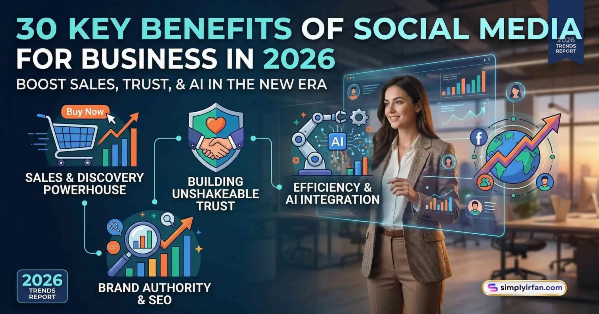 A professional interacting with a digital display showing the 30 key benefits of social media for business in 2026, highlighting sales, trust, AI integration, SEO, and strategic growth.