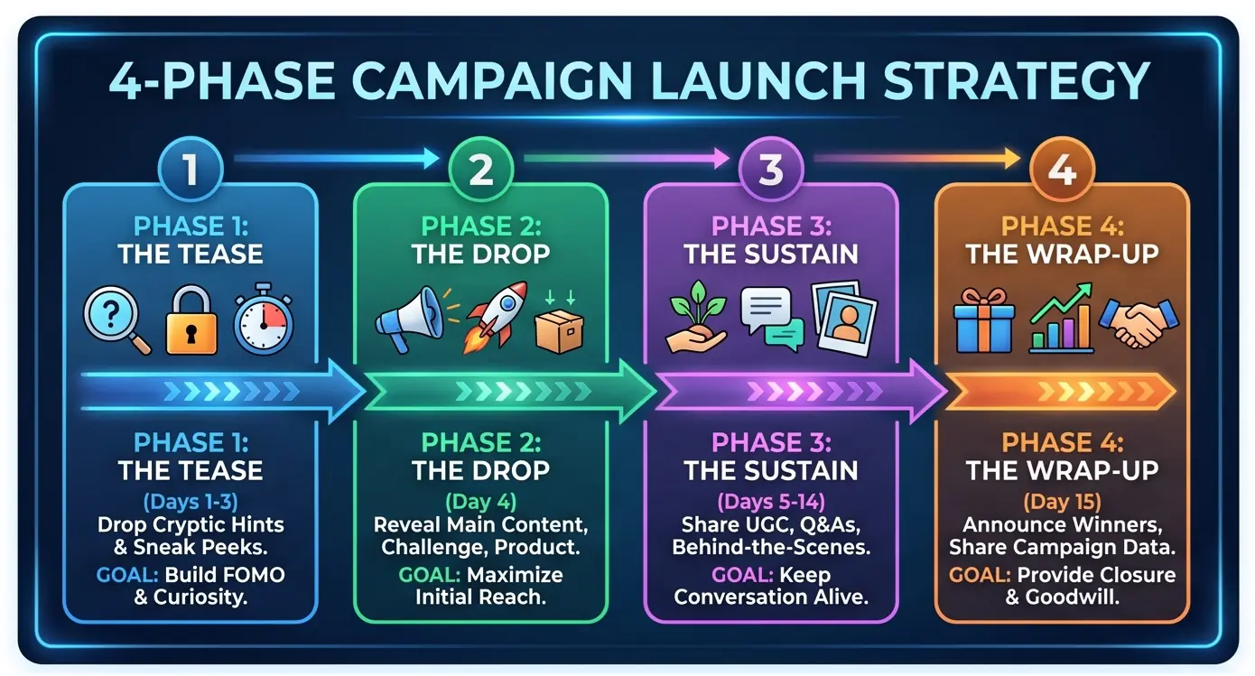 An infographic illustrating a sequential '4-Phase Campaign Launch Strategy'. It features four distinct panels in a horizontal flow with arrows: Phase 1: THE TEASE (Days 1-3, icons for clues and timers); Phase 2: THE DROP (Day 4, megaphone and rocket launch); Phase 3: THE SUSTAIN (Days 5-14, community interaction and UGC); and Phase 4: THE WRAP-UP (Day 15, data charts and closure).