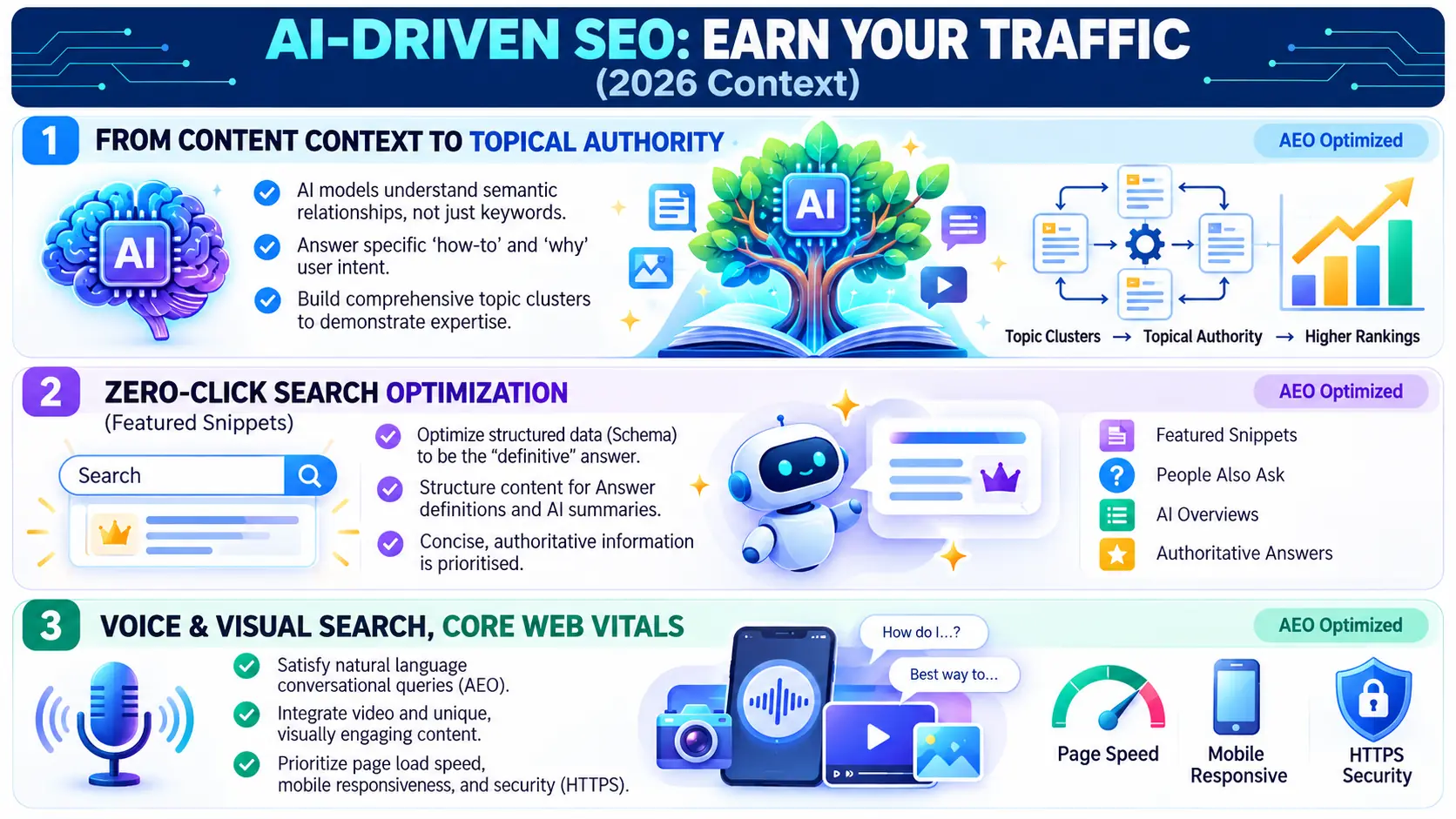 SEM vs SEO vs PPC: Key Differences, Benefits & Best Strategy 2 Infographic explaining AI-driven SEO strategies for 2026, focusing on moving from simple keywords to topical authority, optimizing for zero-click searches and featured snippets, and prioritizing voice search and Core Web Vitals.