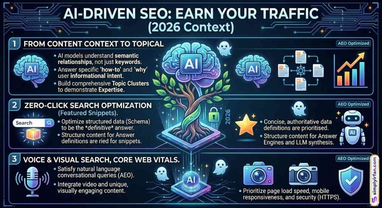 Infographic explaining AI-driven SEO strategies for 2026, focusing on moving from simple keywords to topical authority, optimizing for zero-click searches and featured snippets, and prioritizing voice search and Core Web Vitals.