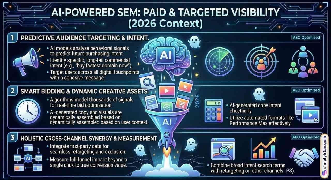 Infographic detailing AI-powered SEM and paid visibility, highlighting predictive audience targeting, smart bidding with dynamic creative assets, and holistic cross-channel synergy to improve advertising ROI.