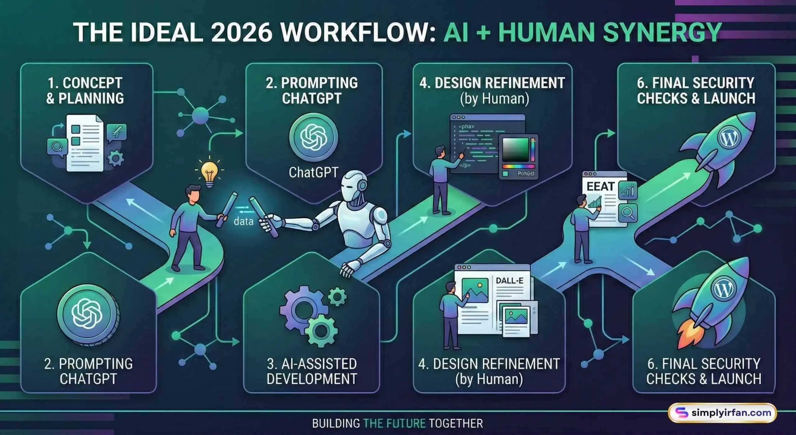 An integrated timeline infographic illustrating the ideal collaborative workflow between a Human user and ChatGPT to build a WordPress site, emphasizing synergy from concept, through design refinement and security checks, to final launch.