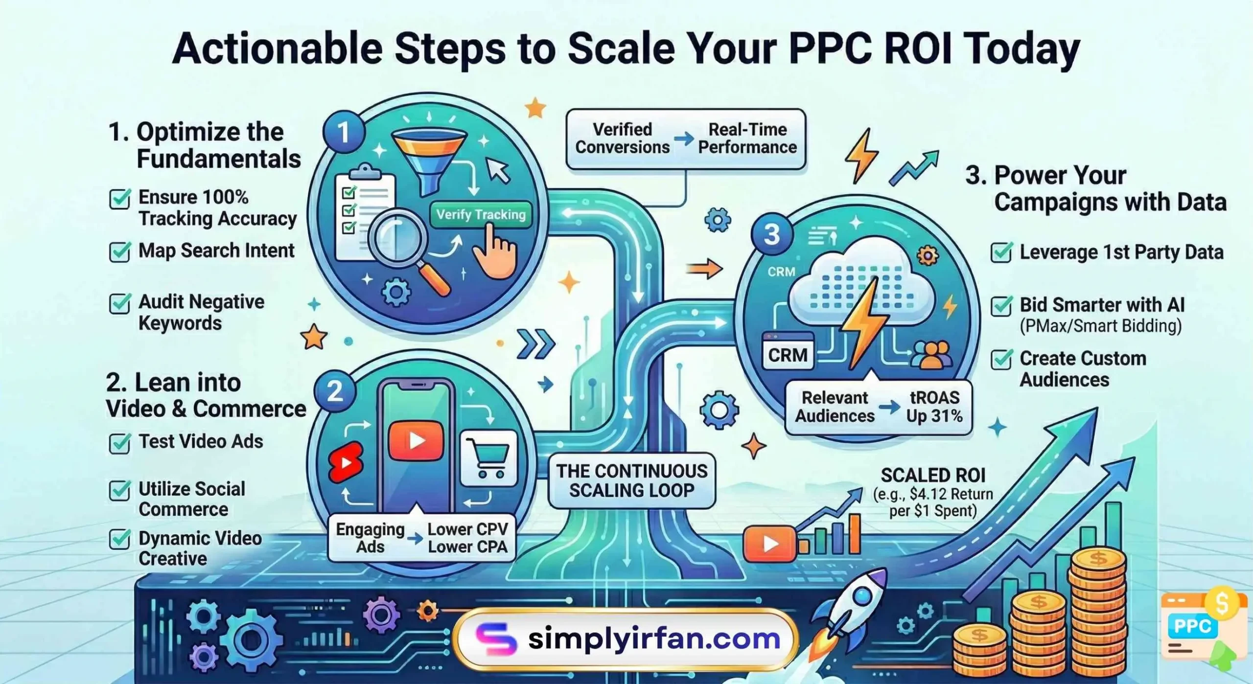 A step-by-step flowchart titled Actionable Steps to Scale Your PPC ROI Today, featuring three phases: Fundamentals (Tracking & Intent), Video/Commerce (TikTok & Shorts), and Data Power (1st Party Data & Smart Bidding).