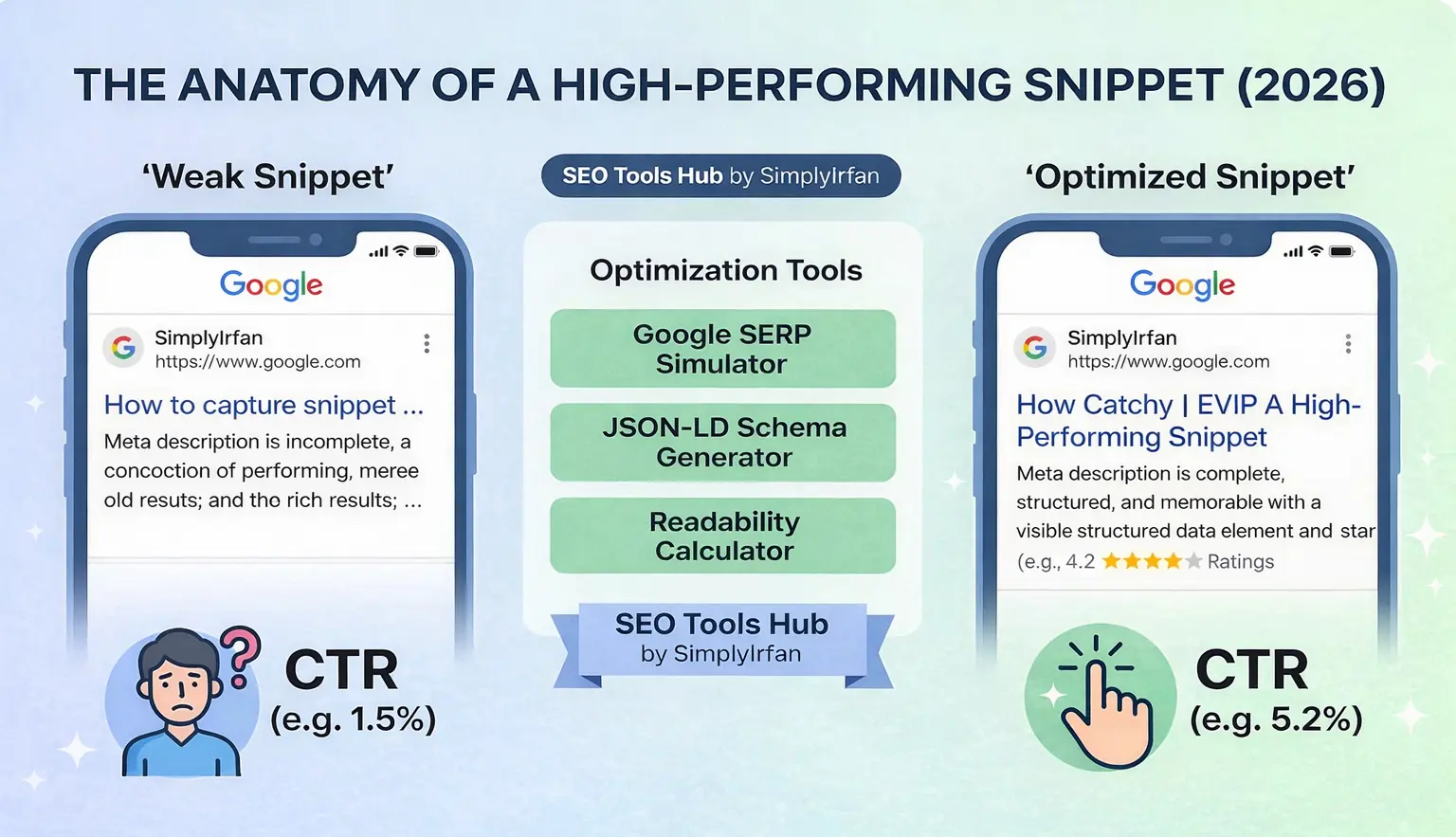 A clean infographic titled 'THE ANATOMY OF A HIGH-PERFORMING SNIPPET (2026)' comparing a 'Weak Snippet' and an 'Optimized Snippet'. The weak example shows truncated text and no rich data (1.5% CTR). The optimized example shows a perfectly fitted, descriptive listing with star ratings and a high (5.2% CTR). A central list highlights the 'Optimization Tools' used: Google SERP Simulator, JSON-LD Schema Generator, and Readability Calculator.