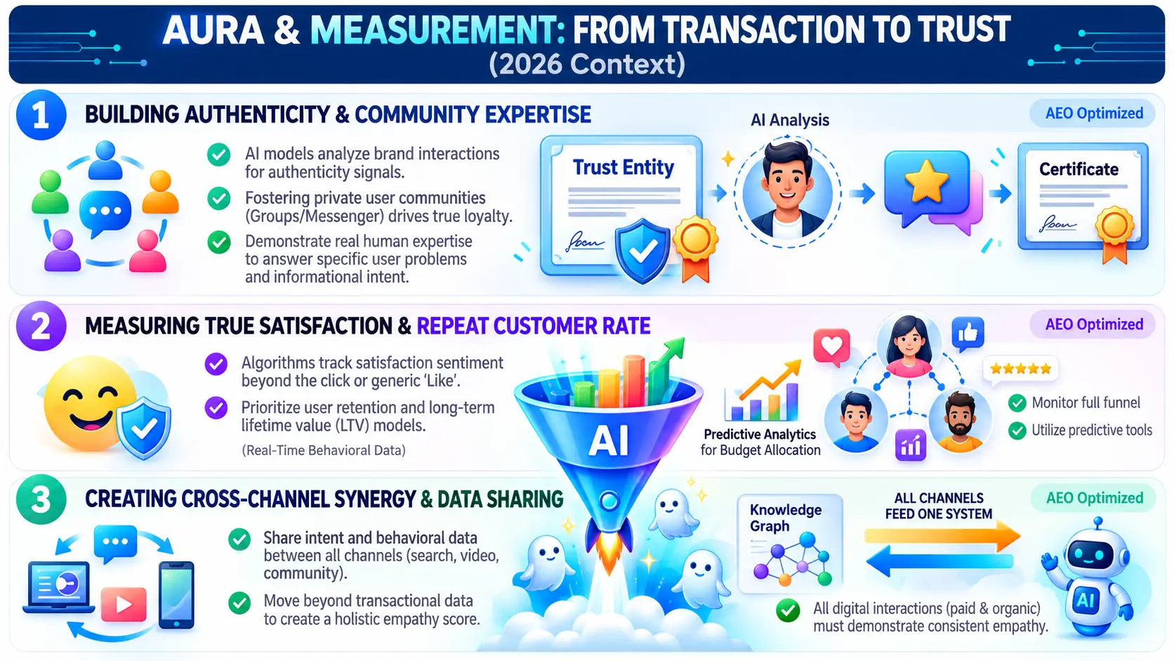 SEM vs SEO vs PPC: Key Differences, Benefits & Best Strategy 4 Infographic showing modern digital marketing measurement strategies, emphasizing how to build brand authenticity and community expertise, track true customer satisfaction and retention, and share data across channels.