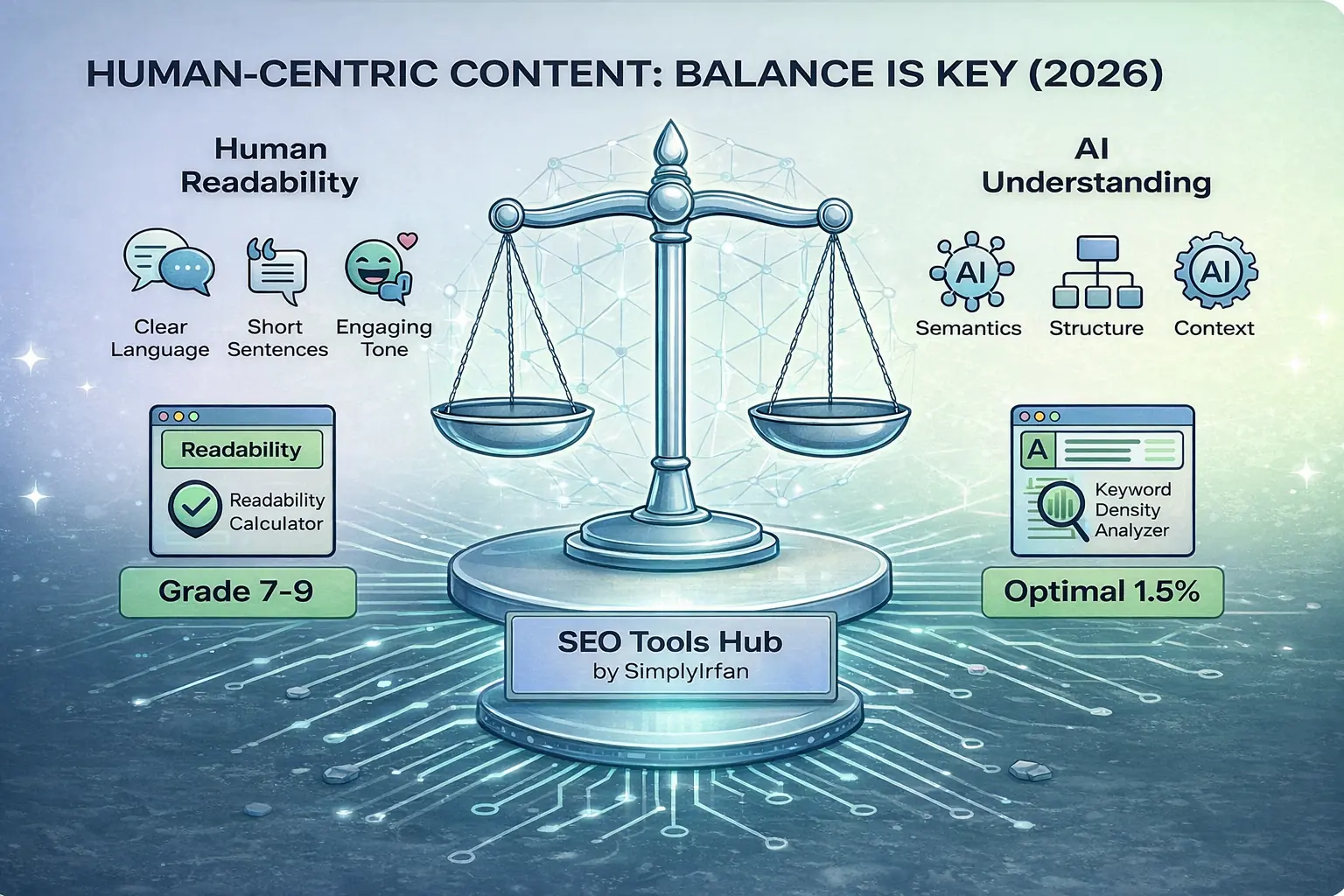 An illustrative infographic titled 'HUMAN-CENTRIC CONTENT: BALANCE IS KEY (2026)' in a glowing blue and green theme. A central balance scale perfectly weighs two concepts. On the 'Human Readability' side, icons for clear language and tone connect to a 'Readability Calculator' showing a Grade 7–9 result. On the 'AI Understanding' side, icons for semantics and structure connect to a 'Keyword Density Analyzer' showing an optimal 1.5% result. The entire image has glowing, soft lighting.