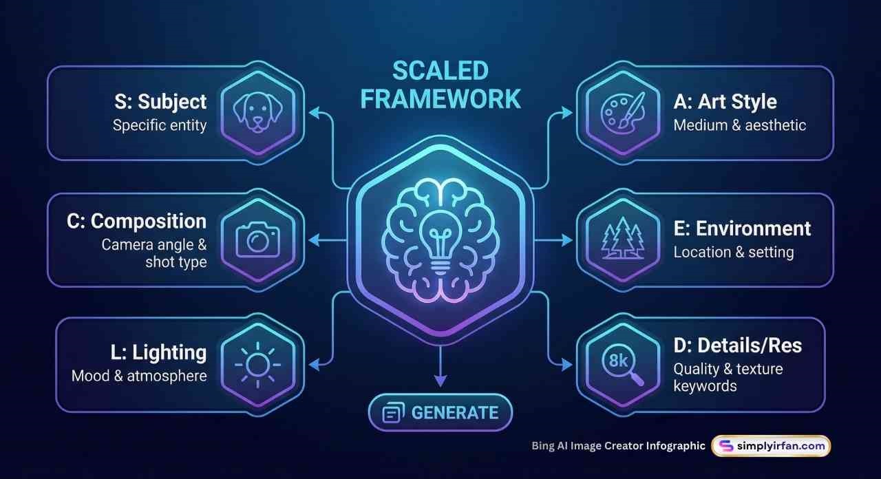 This image visualizes the "SCALED" framework for creating effective prompts. It uses a central brain icon to represent the creative process, branching out to six distinct, interconnected elements: Subject, Composition, Art Style, Lighting, Environment, and Details/Res. This infographic serves as a quick reference for users to structure their prompts for better results.