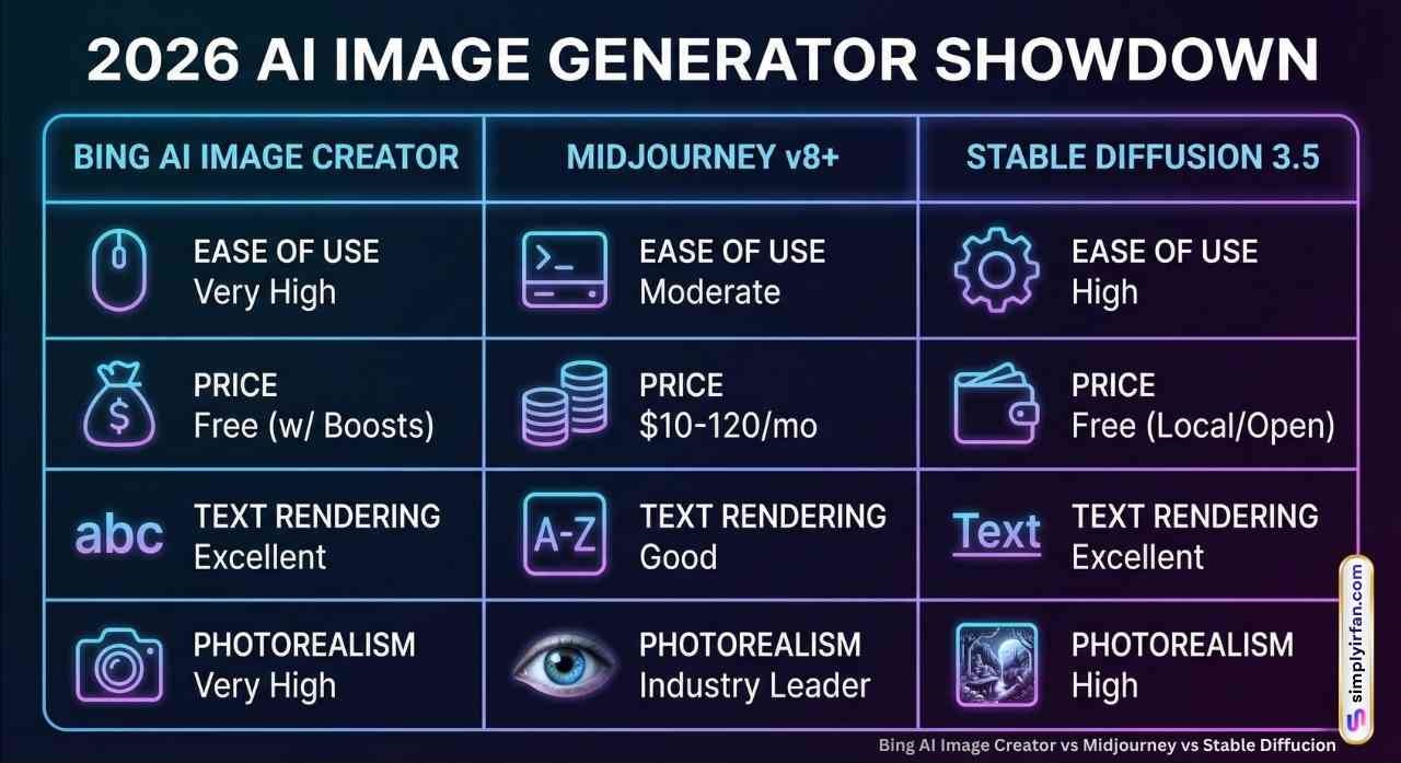 This image is a direct comparison table, as requested. It provides a side-by-side look at the key features of the Bing AI Image Creator, Midjourney v8+, and Stable Diffusion 3.5. The clean, modern design allows for a quick assessment of how these tools stack up against each other in terms of ease of use, price, text rendering, and photorealism.