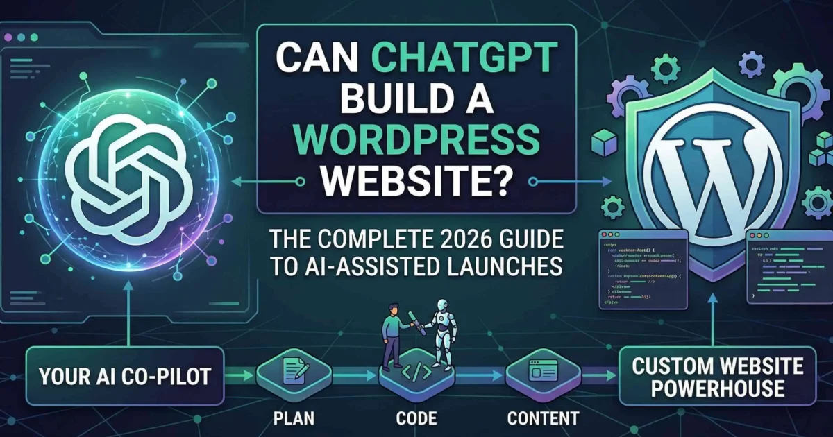 An attractive social media Open Graph image titled "CAN CHATGPT BUILD A WORDPRESS WEBSITE?". It features stylized, glowing logos for ChatGPT and WordPress linked by a workflow pathway, with a prominent green button labeled "FREE GUIDE & LAUNCH CHECKLIST". The background is a sophisticated dark digital network grid in teals and blues.