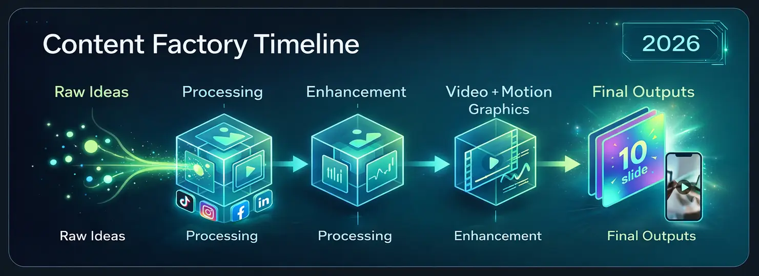A futuristic timeline infographic showing the content creation process, moving from raw ideas through editing software to polished short-form vertical video for social media.