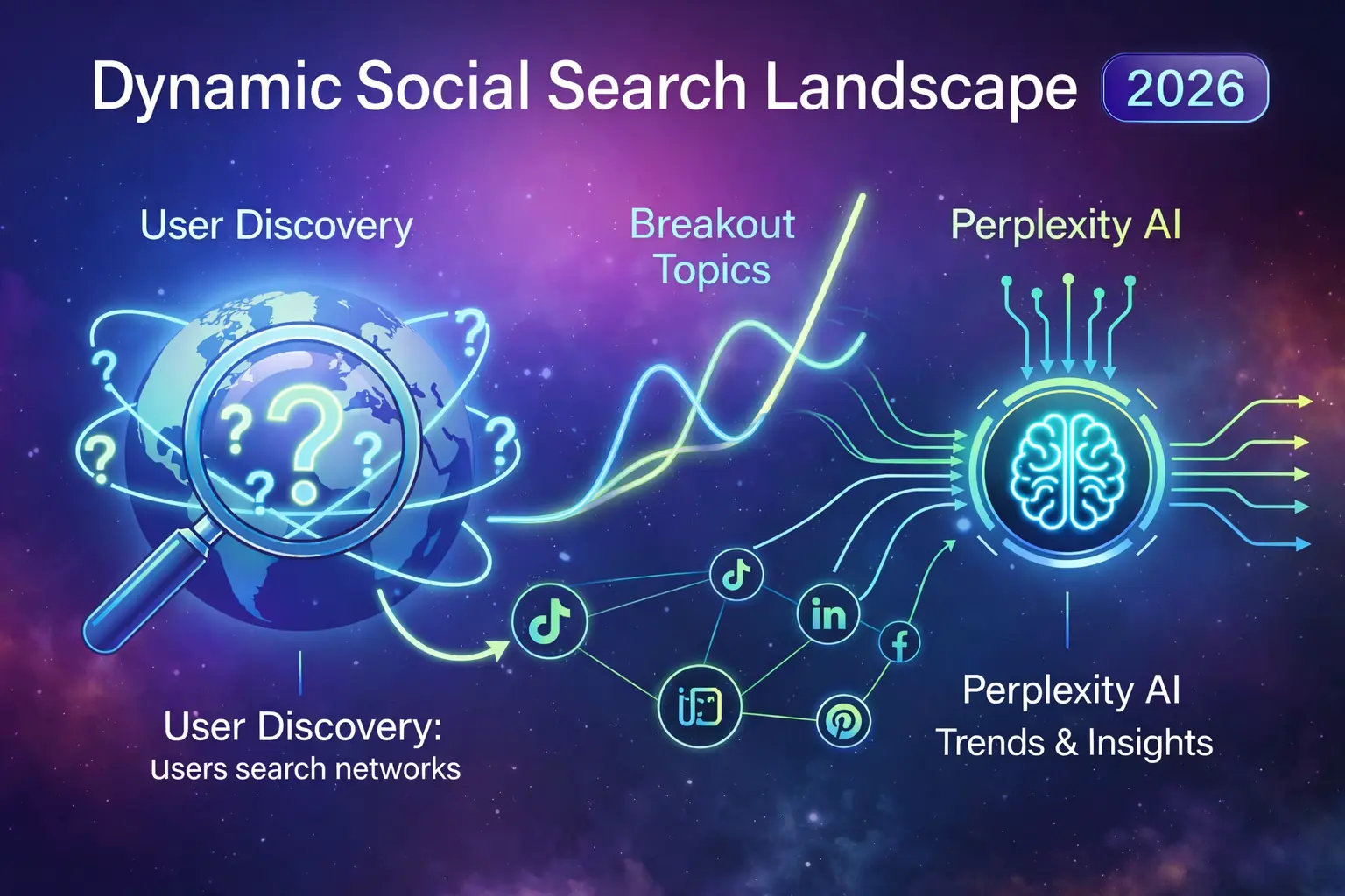 An infographic illustrating the 2026 dynamic social search landscape, showing how user discovery queries flow into breakout topics and AI-driven marketing insights.