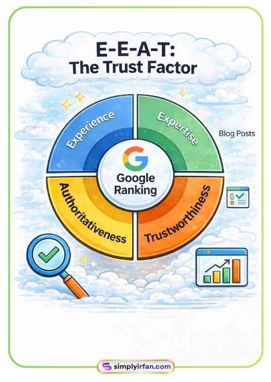 A circular chart illustrating Google's E-E-A-T guidelines: Experience, Expertise, Authoritativeness, and Trustworthiness.