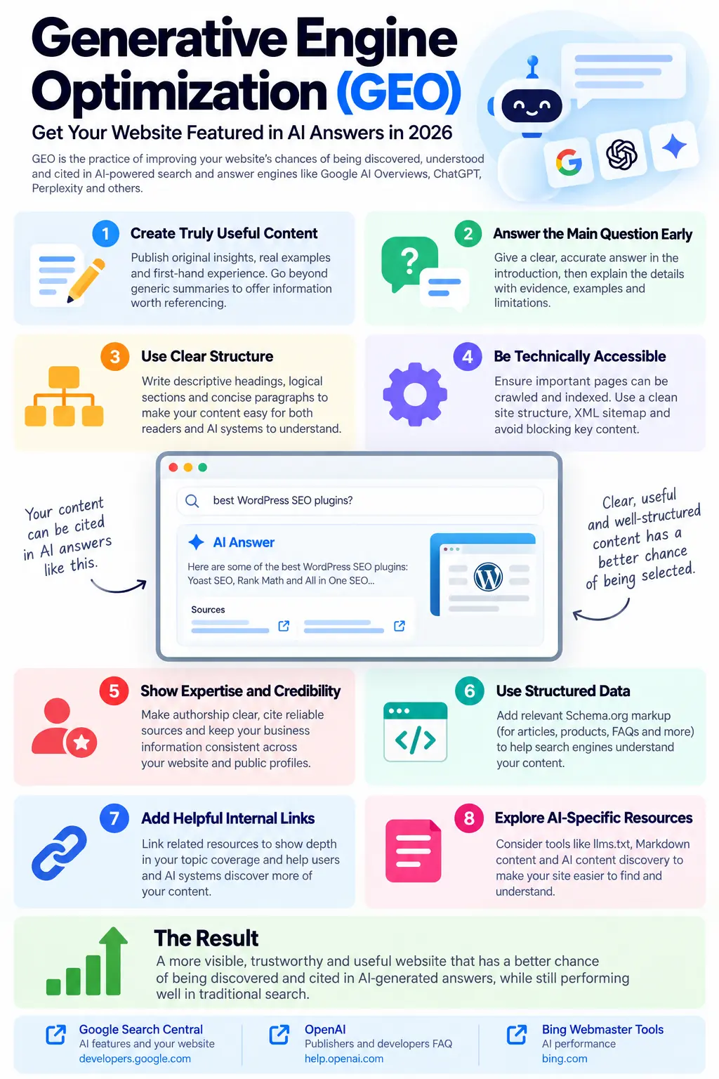 Generative Engine Optimization (GEO): Rank in AI Answers in 2026 2 Generative Engine Optimization (GEO) infographic showing 8 ways to improve website visibility in AI-generated answers.