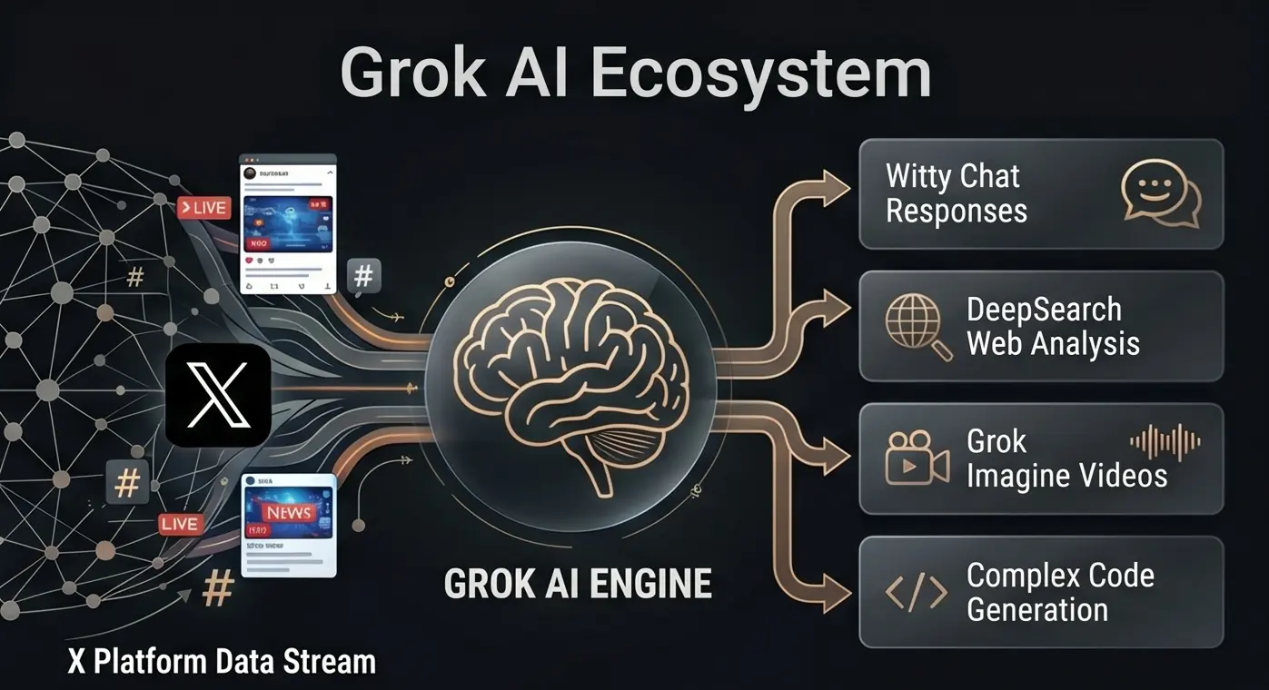 Diagram of the Grok AI ecosystem showing real-time data flowing from the X platform into the Grok AI engine to output chat responses, DeepSearch web analysis, Grok Imagine videos, and code generation.