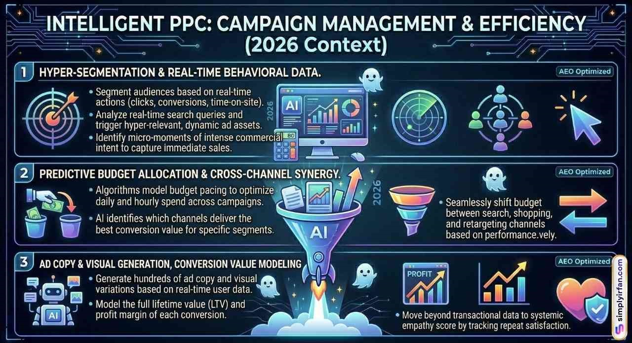 Infographic illustrating intelligent PPC campaign management, featuring hyper-segmentation based on real-time behavioral data, predictive budget allocation, and the use of AI to generate ad copy and conversion value modeling.