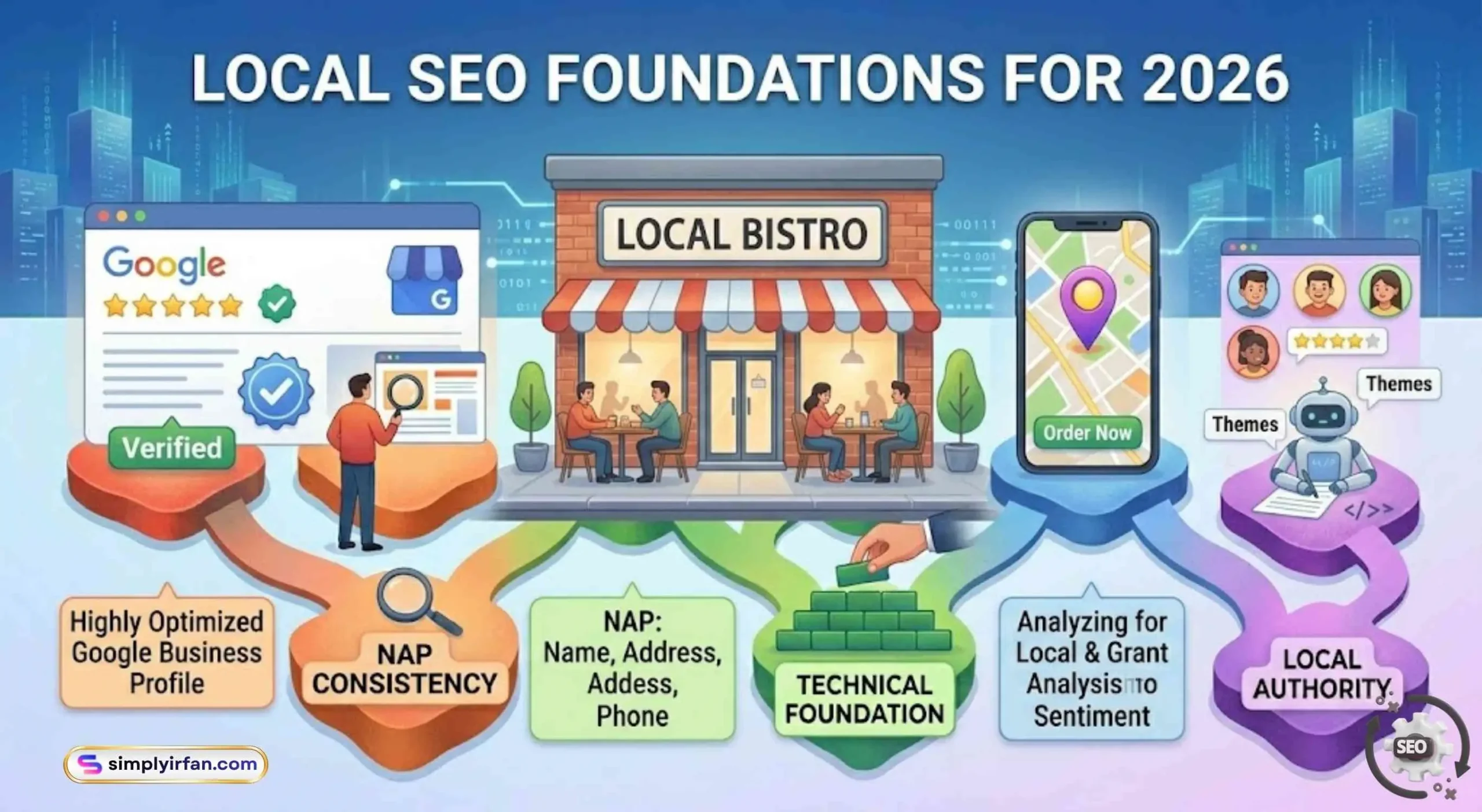 Infographic of a local bistro storefront showing key 2026 Local SEO factors: Google Business Profile, NAP consistency, and sentiment analysis.