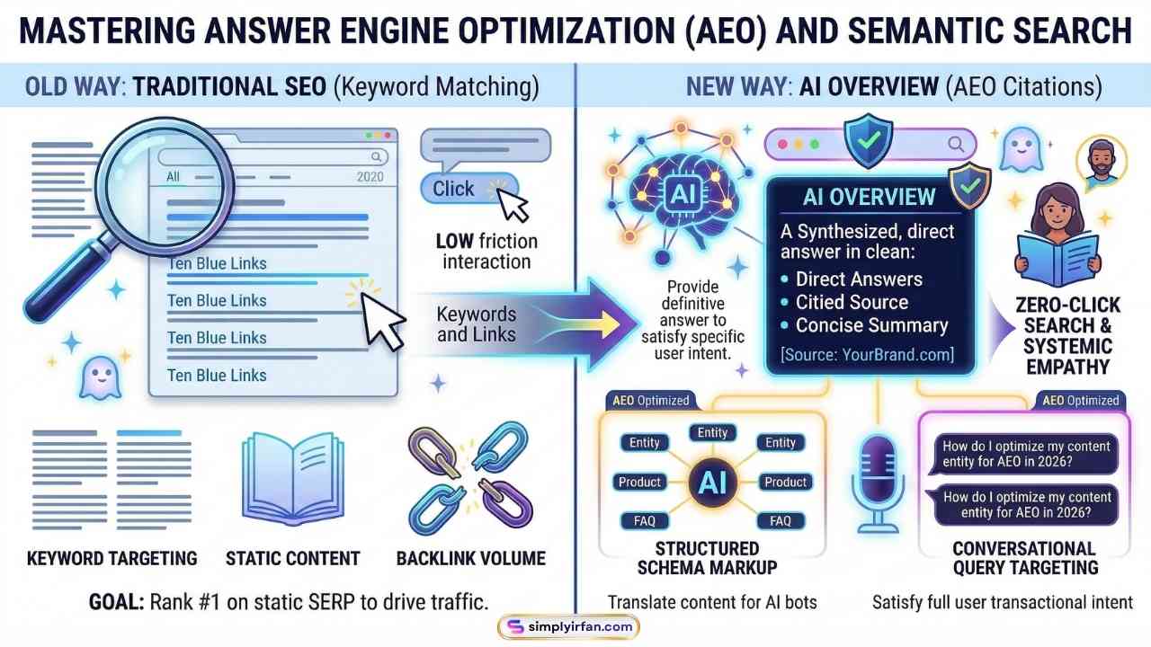This Digital Marketing Strategies infographic is optimized for AEO itself, illustrating the flow of a modern, conversational search. It compares traditional keyword search (Standard SEO) with the new AI synthesis layer (Answer Engine Optimization). A mock Google search result is central, highlighting the "AI-Generated Summary" box. It also clearly labels the BLUF method, Long-Tail Question optimization, and the critical role of Schema Markup.