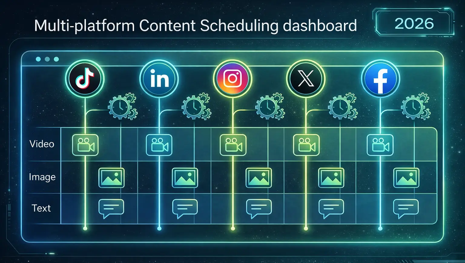 A glowing multi-platform content scheduling dashboard displaying video, image, and text posts queued across TikTok, LinkedIn, Instagram, X, and Facebook.