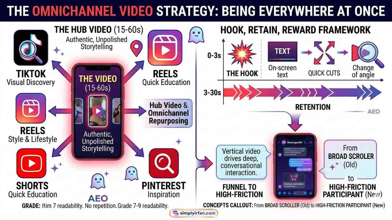 This Digital Marketing Strategies graphic breaks down the unsustainable "create unique content for every app" method, replacing it with the efficient Omnichannel repurposing model. It explicitly visualizes the "Hook, Retain, Reward" vertical timeline (0-3s, 3-30s, Reward CTA) and then shows a central "Hub Video" radiating outward to all major vertical video platforms (TikTok, Reels, Shorts, and Pinterest).