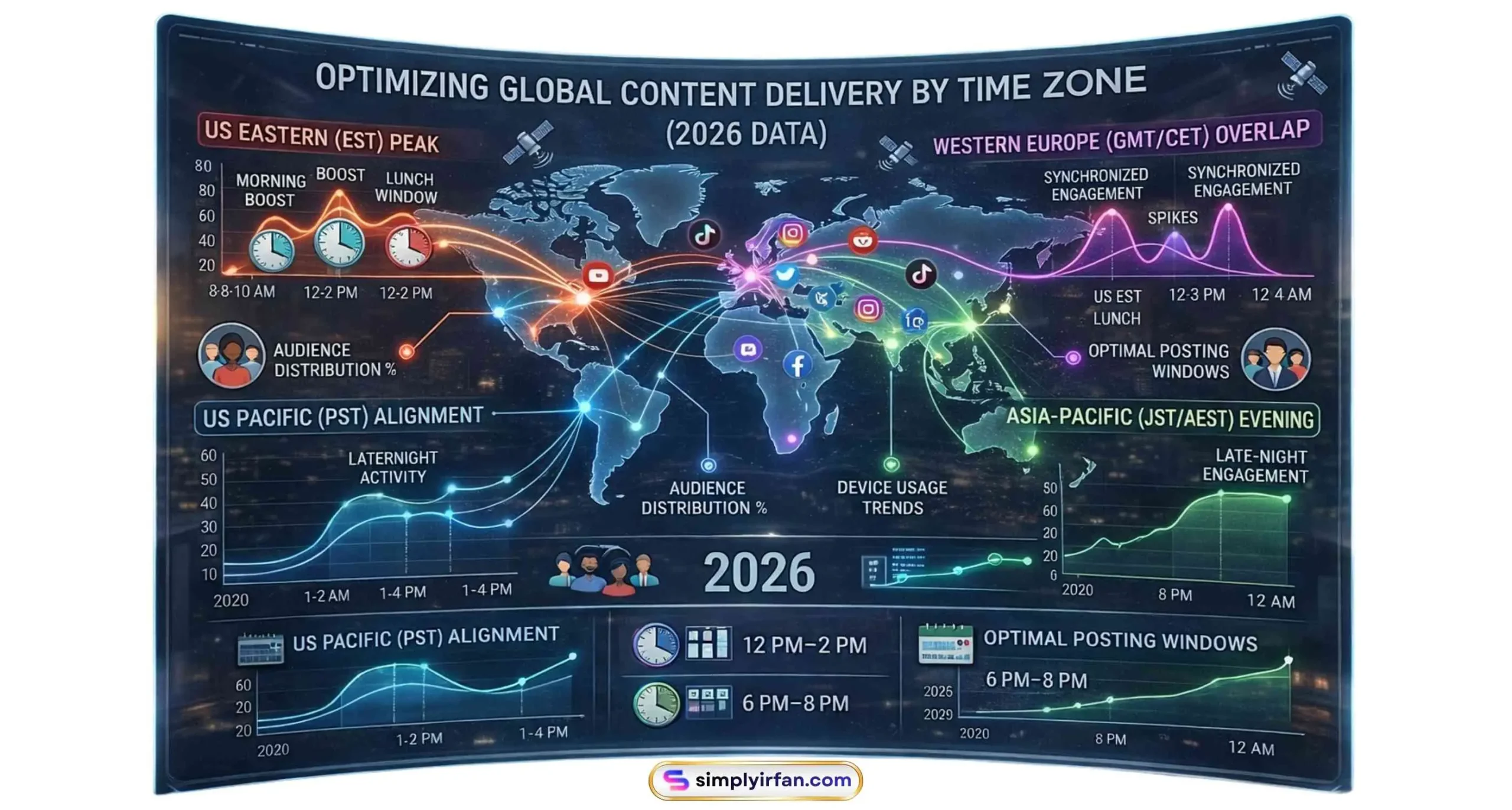 A world map infographic titled Optimizing Global Content Delivery by Time Zone 2026, highlighting peak engagement windows for US Eastern, US Pacific, Western Europe, and Asia-Pacific regions.
