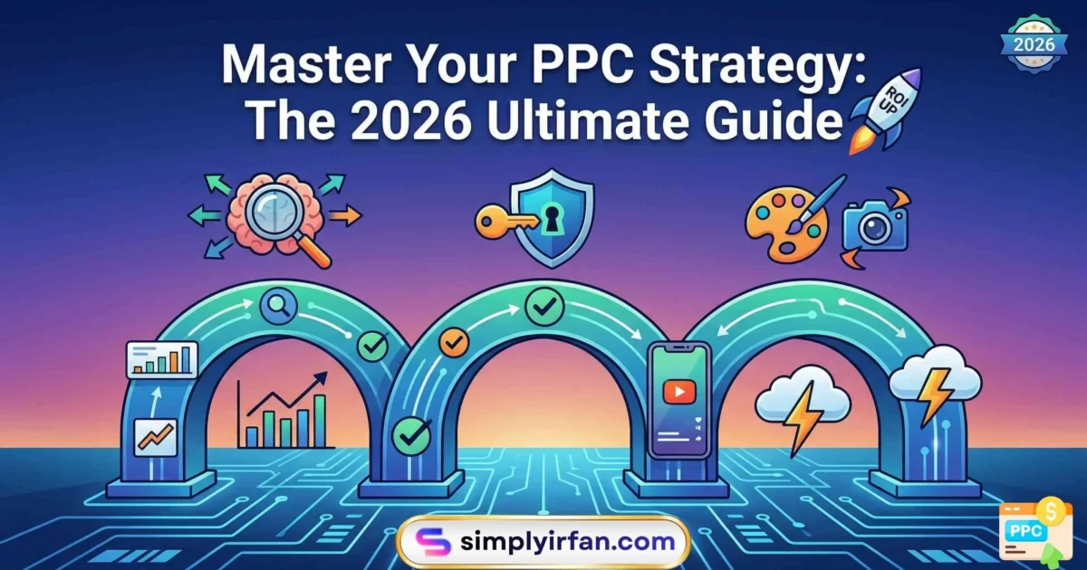 A vibrant 2026 PPC Strategy guide cover featuring 3D icons for AI search, data security, and creative design, connected by a glowing digital circuit path.