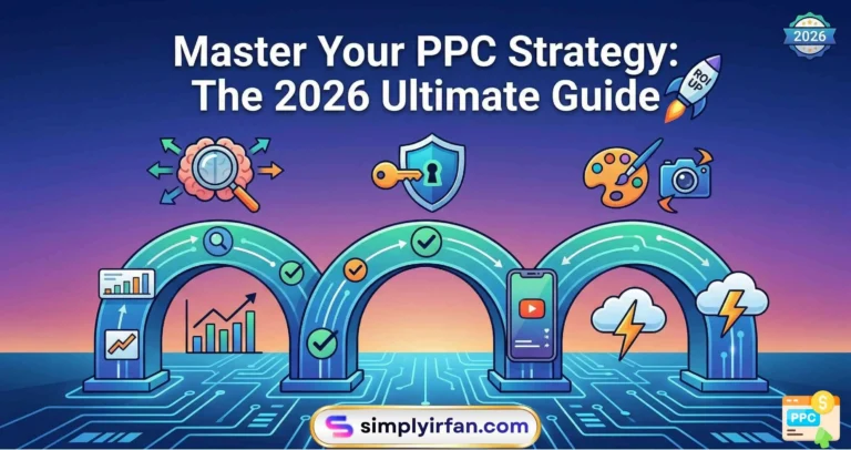 A vibrant 2026 PPC Strategy guide cover featuring 3D icons for AI search, data security, and creative design, connected by a glowing digital circuit path.