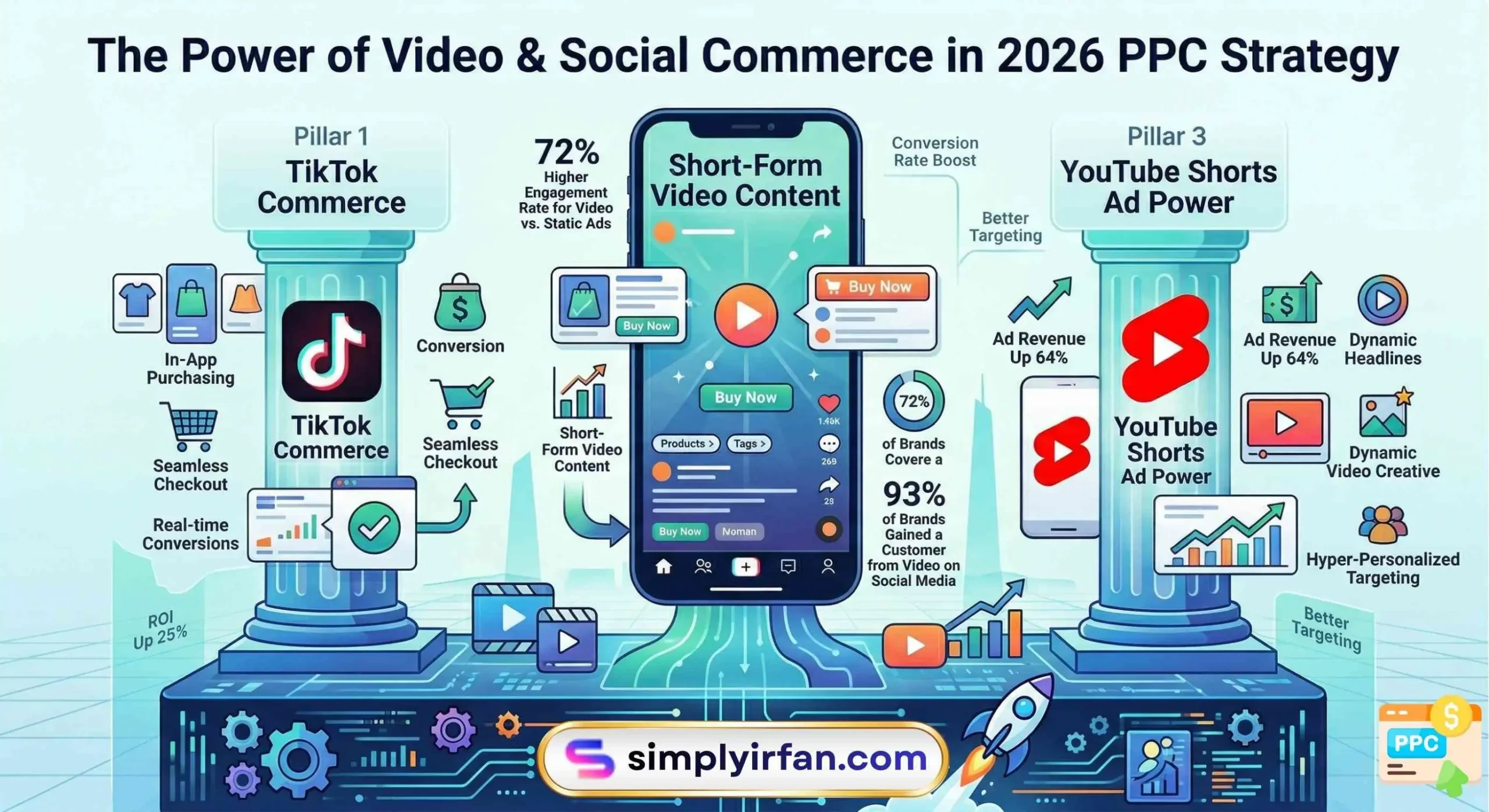 Infographic titled The Power of Video and Social Commerce, showcasing a smartphone with a TikTok Shop "Buy Now" button and YouTube Shorts statistics showing a 64% increase in ad revenue.