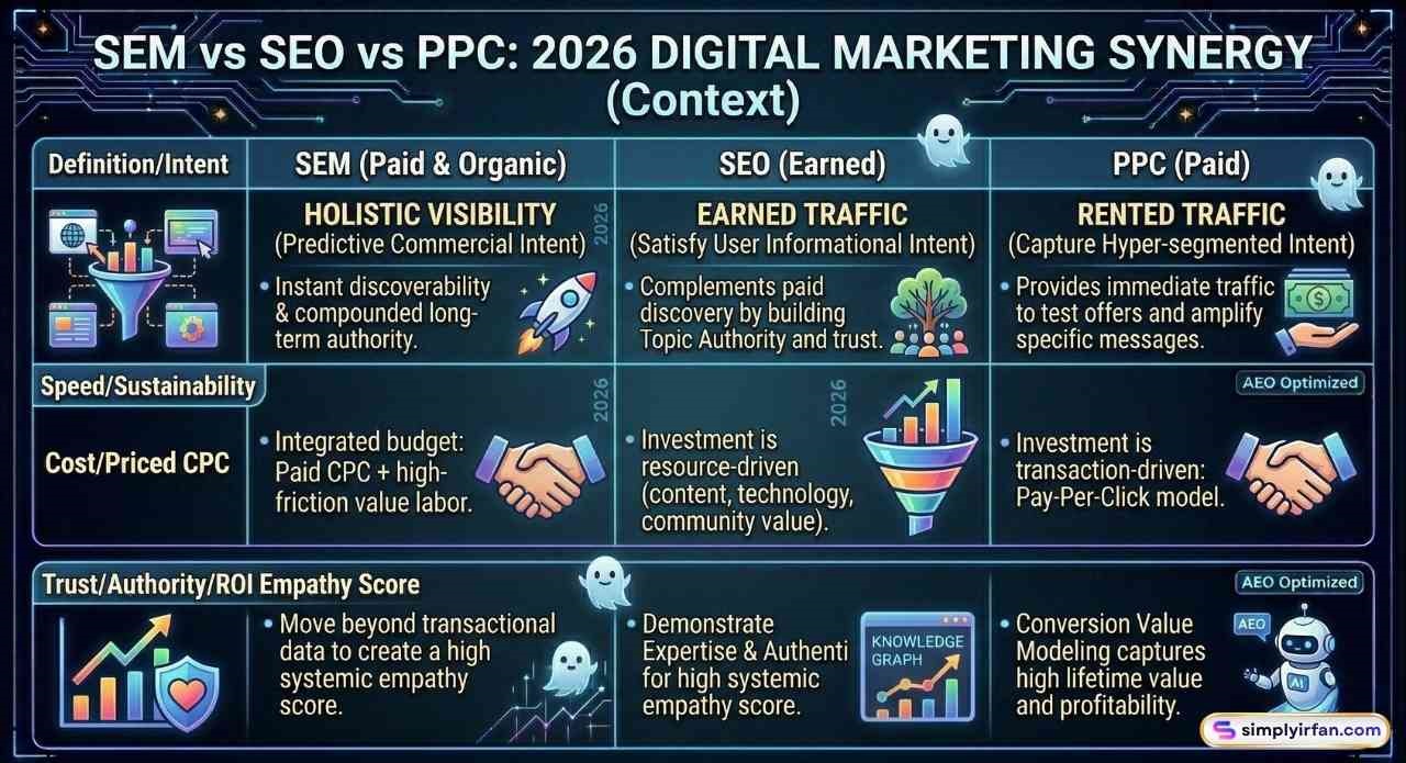 A side-by-side comparison table of SEM, SEO, and PPC in 2026, breaking down holistic visibility, earned traffic, and rented traffic by their definitions, speed of results, cost structures, and long-term trust and ROI scores.