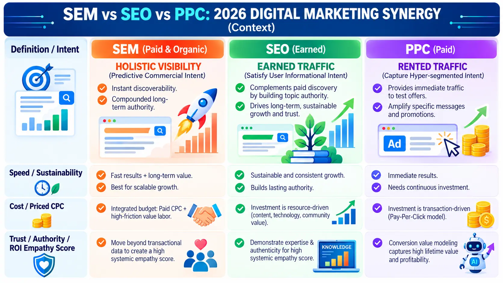 SEM vs SEO vs PPC: Key Differences, Benefits & Best Strategy 3 A side-by-side comparison table of SEM, SEO, and PPC in 2026, breaking down holistic visibility, earned traffic, and rented traffic by their definitions, speed of results, cost structures, and long-term trust and ROI scores.
