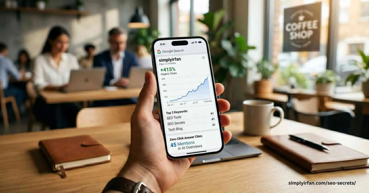 A person holding a smartphone in a co-working space displaying a Google Search dashboard with 415 percent organic growth for simplyirfan and top rankings for SEO Tools and SEO Secrets.