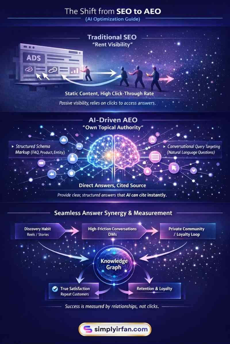 Infographic illustrating the shift from traditional SEO to AI-driven Answer Engine Optimization (AEO), highlighting zero-click searches, structured schema markup, and conversational query targeting.
