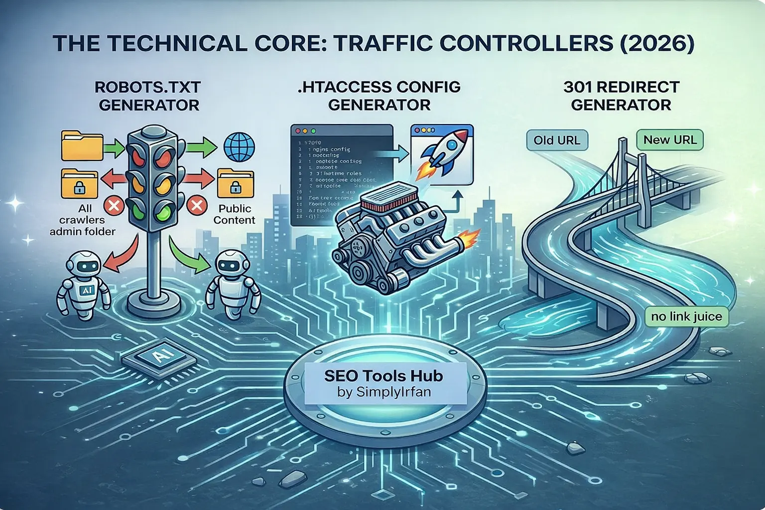 An illustrative infographic titled 'THE TECHNICAL CORE: TRAFFIC CONTROLLERS (2026)' using glowing blue and green accents. It features three columns: a stylized traffic signal labeled 'ROBOTS.TXT GENERATOR' directing AI crawlers; a powerful engine labeled '.HTACCESS CONFIG GENERATOR' accelerating a website symbol; and a glowing bridge labeled '301 REDIRECT GENERATOR' showing smooth, lossless traffic transition. The graphic glows with soft, connected lighting, grounded by the SEO Tools Hub by SimplyIrfan.